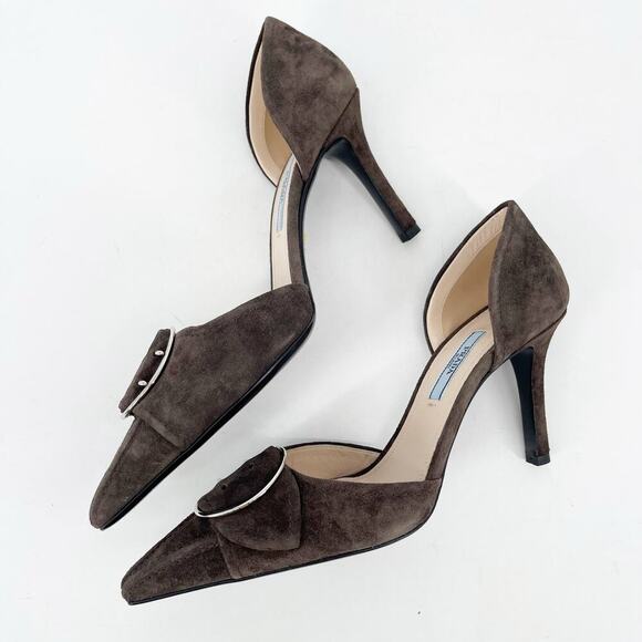 Prada IT 40 Graphite Suede D’Orsay Pumps with Oversized Buckle New with Box - Picture 5 of 13